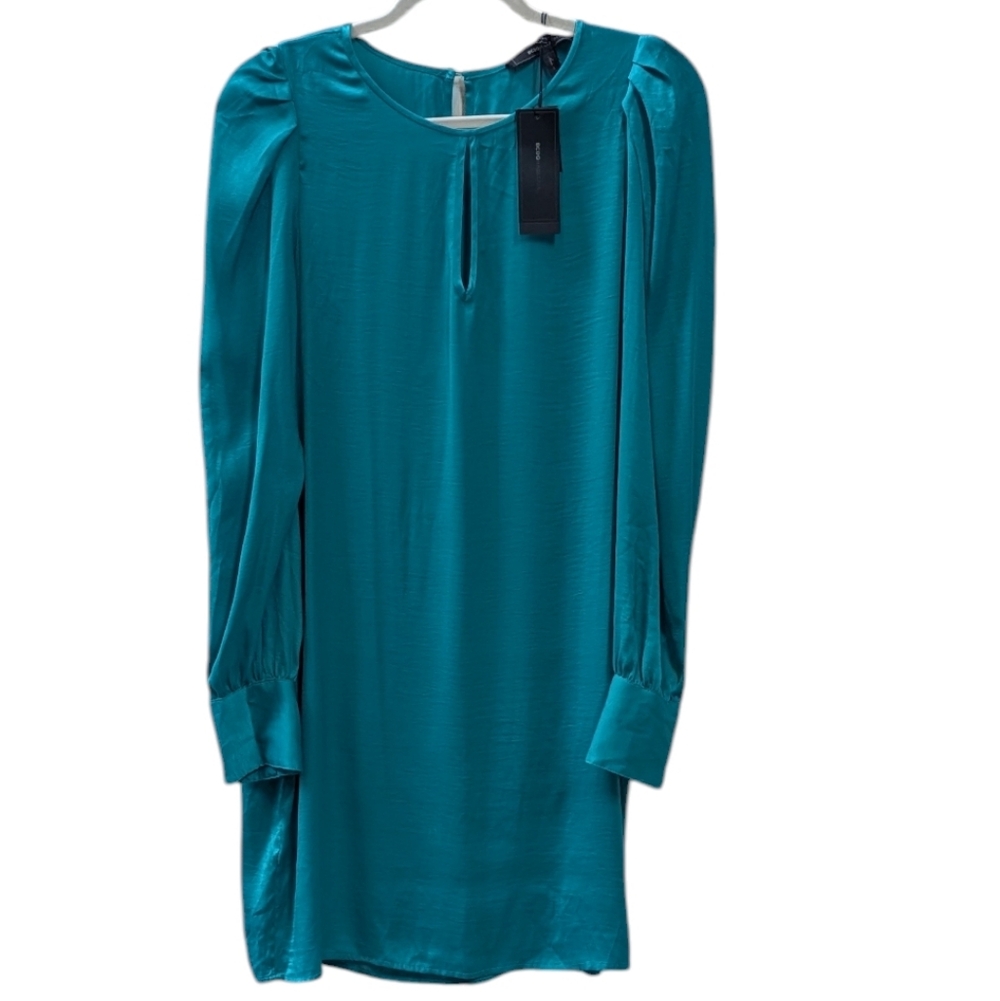 BCBGMaxazria,Long Sleeve Silky Green Shift Dress. Small